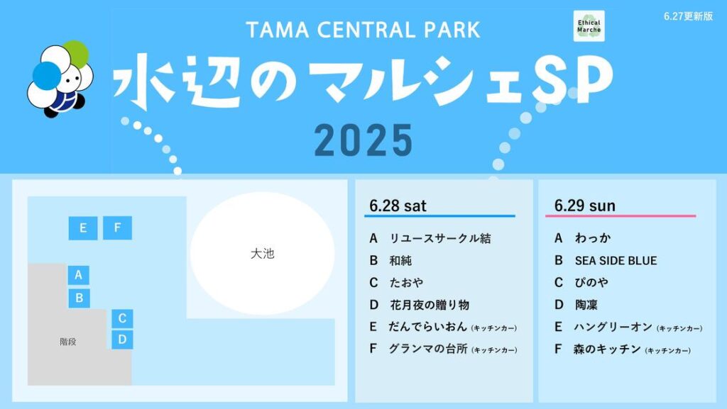 【多摩市】初夏の多摩中央公園でグルメとクラフトを満喫「水辺のマルシェスペシャル」6/28(土)・29(日)開催!