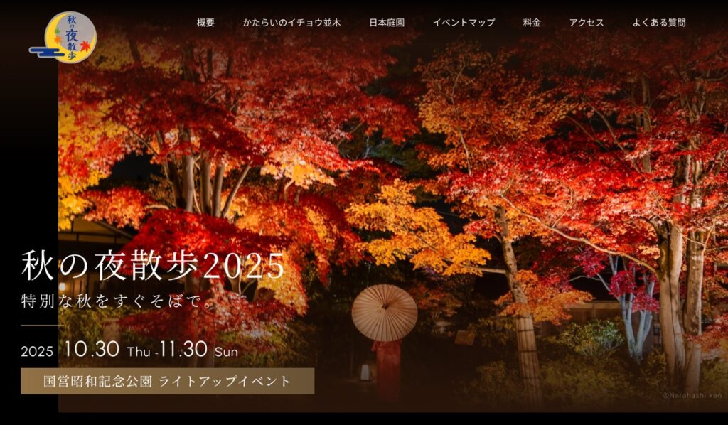 国営昭和記念公園「秋の夜散歩2025」開催!黄金に輝くイチョウ並木のライトアップを満喫しよう【立川市・昭島市】